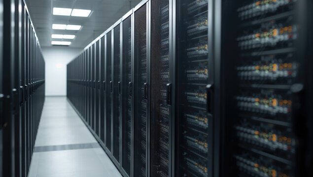 A cluster of server racks in a data center with shallow depth of field, emphasizing efficiency