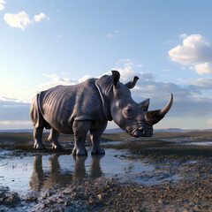 Fototapeta premium Majestic rhinoceros standing in a muddy puddle under a cloudy sky.