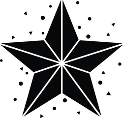 Bold geometric black star vector with faceted interior and surrounding abstract shapes, representing rating, award, quality, and celebration symbol.