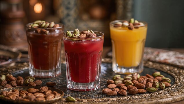 Jalab, Amar el din, and Toot with nuts are Arabic juices typically enjoyed during Ramadan, a celebration of cultural heritage.