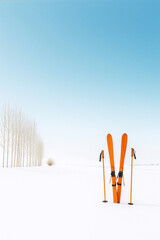 Two orange skis standing upright in fresh snow on winter day