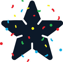 Chunky, rounded black star vector filled and surrounded by falling colorful confetti, symbolizing a festive party, grand success, and joyous celebration.