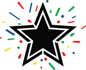 Bold black star with double outline surrounded by bursting colorful confetti and rays, symbolizing a spectacular celebration, winner, success, and event.