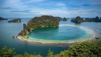 Obraz premium A large marine lake surrounded by stunning limestone islands in a tropical seascape, showcasing unique saltwater ecosystems