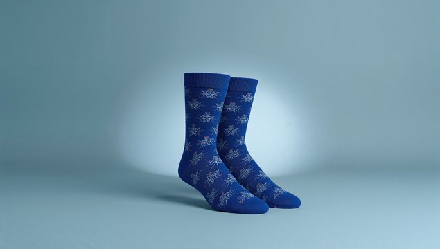 Blue socks on a grey-blue surface, suitable for a text overlay