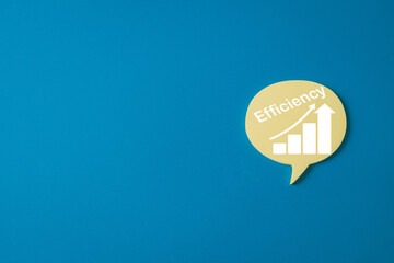 Concept of improving efficiency. Speech bubble with an increasing graph icon, symbolizing productivity, business performance, optimization, and success. Blue background with copyspace.