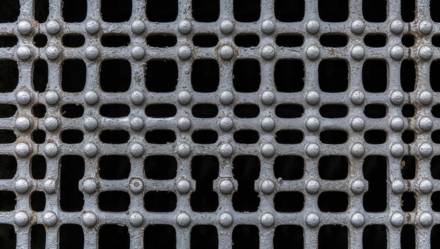 Old metal grate coated in silver featuring round and rectangular shapes on a horizontal layout, functional texture for design applications