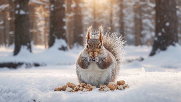 A fluffy squirrel enjoys seeds and peanuts in a snowy forest, focus on winter foraging