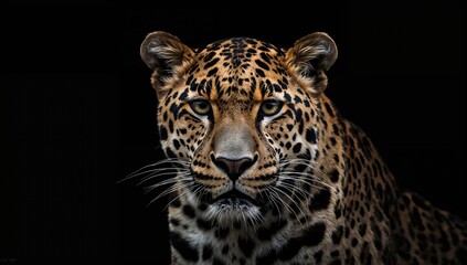 Obraz premium Leopard portrait against a black backdrop, focus on wildlife beauty
