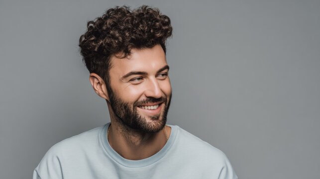 Serene simplicity: the fresh look of a smiling young man in minimalist style. Majestic beauty. Portrait of a young guy in a blue shirt against a gray canvas of simplicity. Advertising photo.