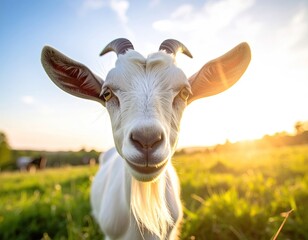 Close Up of White Goat with Golden Sunlight Beaming Through Meadow Field in Warm Afternoon Portrait