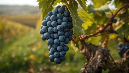 Fototapeta premium Blue grapes set against a vineyard backdrop, highlighting a fiber-dense choice, autumn