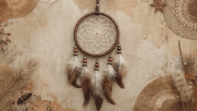Dreamcatcher resting on a wooden surface, artistic decor with cultural significance
