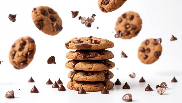Handcrafted chocolate chip cookies filled with gooey chocolate pieces. Freshly baked sweet pastry treat on a clean white backdrop.