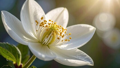 Close-Up of White Hellebore Flower with Yellow Stamens in Sunlight