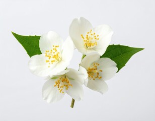 Close Up of White Jasmine Flowers with Yellow Stamens and Green Leaves Isolated on White Background Delicate and Fragrant Botanical Beauty