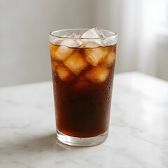Glass of iced coffee with condensation on marble table in natural light