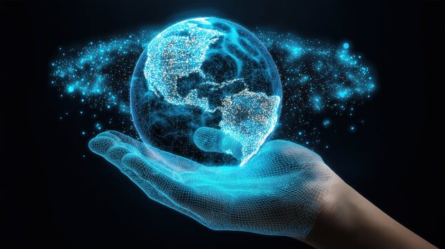 A digital hand holds a holographic image of the Earth, symbolizing technology, global connectivity, and the future of humanity.