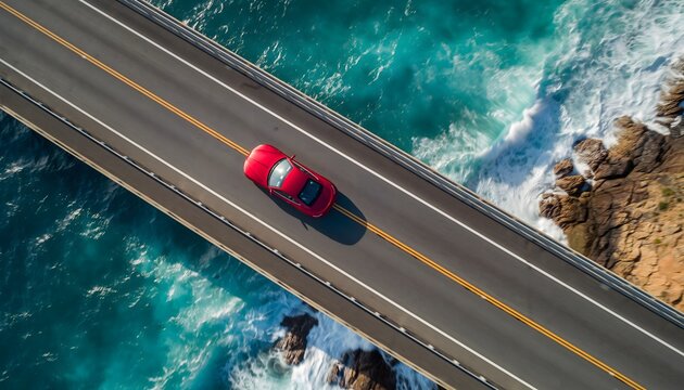 Red Sports Car Driving on Coastal Highway — Scenic Ocean View, Cliffside Road, Summer Travel and Adventure Concept