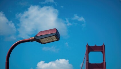 Close-up of a light fixture on the Golden Gate Bridge under a bright blue sky, showcasing urban design features