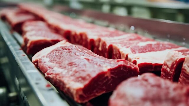 A row of raw pork loin chops moving down an assembly line.