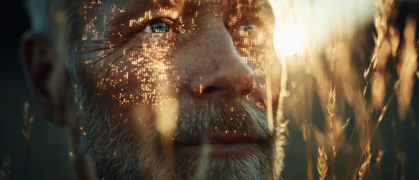 Capturing air's purity: moments of reflection in the great outdoors. Business intelligence. A mature man standing amid fields at dawn, surrounded by vibrant colors. Market forecast.