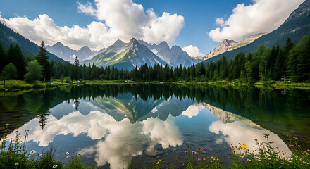 Serene mountain lake reflecting cloudy sky surrounded by lush green trees and alpine peaks view ai generated