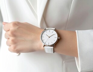 Close Up of White Watch with Gold Details on Woman's Wrist Wearing White Blazer in Soft Light