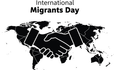 International migrants day banner with handshake and world map for poster or banner design to support migrants