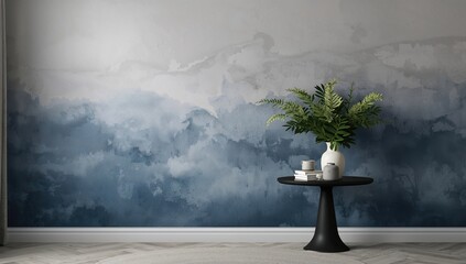 Grey and blue interior wall backdrop showcasing a stylish room setup with a black table, decorative plants, and accessories, functional for editorial use