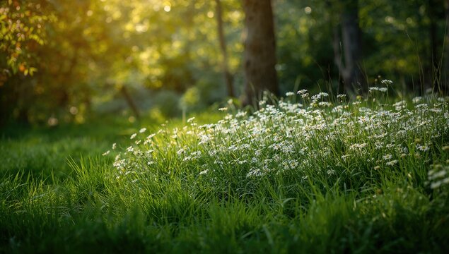 Closeup of summer grass in the woods, showcasing natural elements, seasonal change
