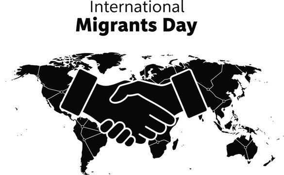 International migrants day banner with handshake and world map for poster or banner design to support migrants - Powered by Adobe