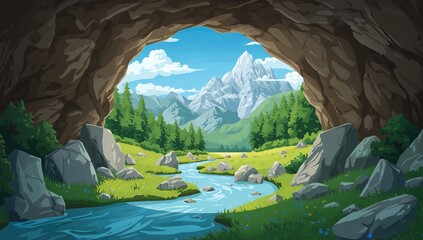 A panorama featuring lush grass, river boulders, and a stunning sky, highlighting the natural beauty surrounding a mountain cave