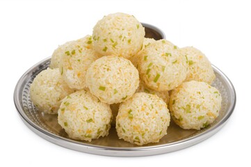 Traditional white Dhokla crafted from rice or urad dal, a favored morning meal or snack, paired with green chutney and steaming tea. Close-up detail