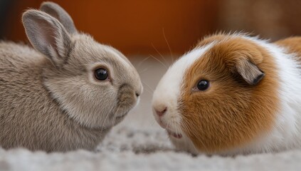 A charming bunny and a Guinea Pig observing one another, interaction theme