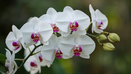 Close-up image of vibrant white and purple orchids blooming on a green branch, showcasing the beauty of nature, seasonal change