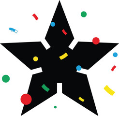 Black star silhouette design with vibrant colorful confetti explosion representing celebration, success, achievement, and party.