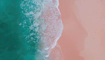 Stunning aerial view of serene ocean waves and pink sands, inviting summer getaway