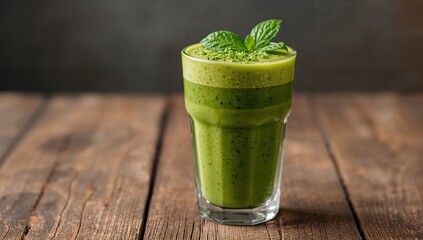 Vibrant green beverage served on rustic wood surface