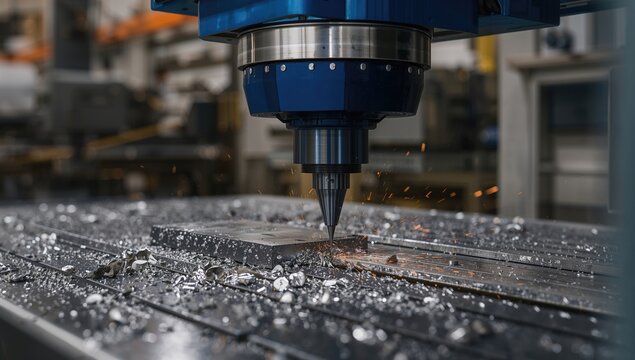 A metal cutting machine in blue and silver, showcasing precision in manufacturing