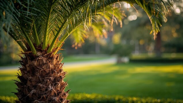 Close-up of a Neatly Pruned Palm Tree Adjacent to a Community Park, Maintenance