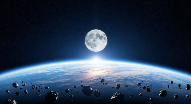 Celestial Vista Earth, Moon, and Asteroids in Cosmic Alignment