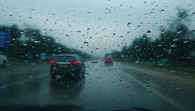 Rain droplet on car windshield, driver navigating through traffic on a cloudy day, risk of road accidents during adverse weather conditions