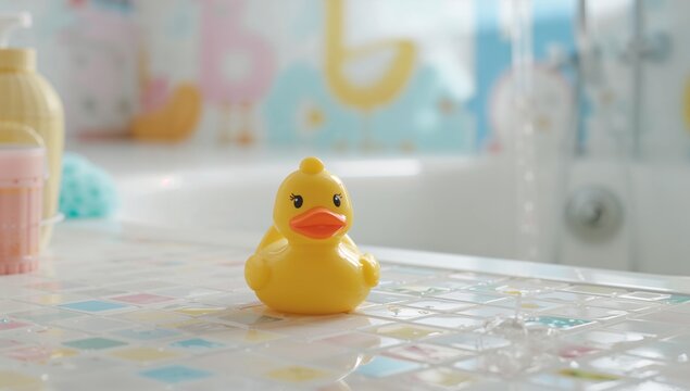 A small yellow rubber duck toy, ideal for bath time enjoyment