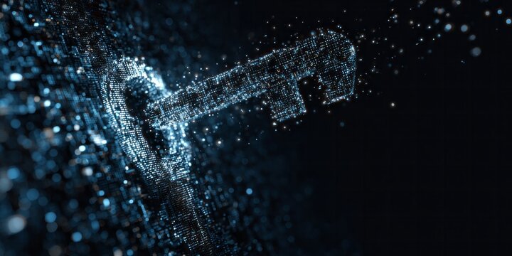 Illuminated digital key shape emerges from a field of glowing data points against a dark background
