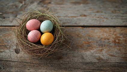 Obraz premium Colored eggs nestled in a rustic wooden setting, seasonal celebration, Easter