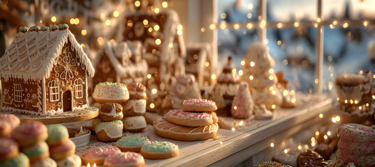 Obraz premium Festive Christmas Bakery Window Display with Gingerbread Houses, Christmas Cookies, and Fairy Lights