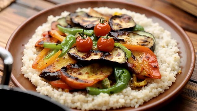 Closeup roasted vegetable couscous bowl with grilled eggplant cherry tomato and peppers