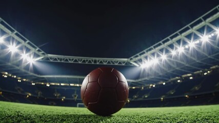 Low-angle shot of a soccer ball on a stadium field under bright lights, capturing the anticipation of a game. Perfect for sports video content. Live desktop wallpaper.