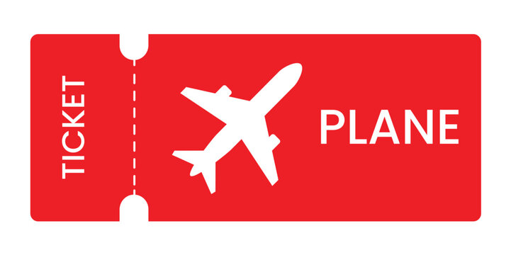 Ticket airline vector icon with red boarding pass and airplane silhouette in minimalist travel design